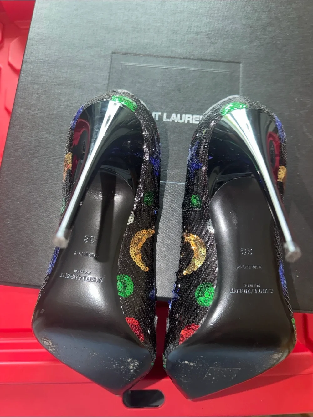 Saint Laurent Black Pointed Pumps with Multicolor Dots - Picture 9 of 9